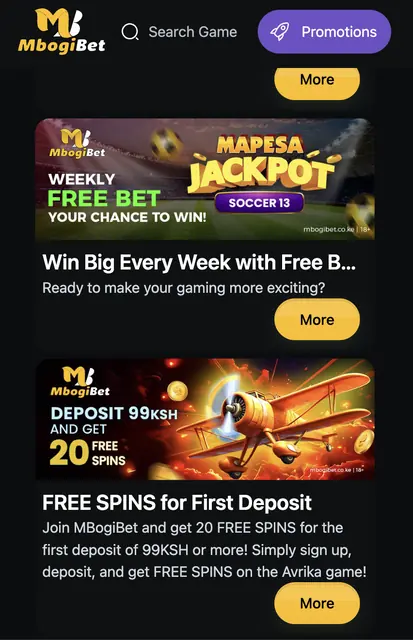 The MbogiBet promotions feed on mobile: Mapesa Jackpot weekly free bet and 20 free spins for a first deposit of 99 KSH