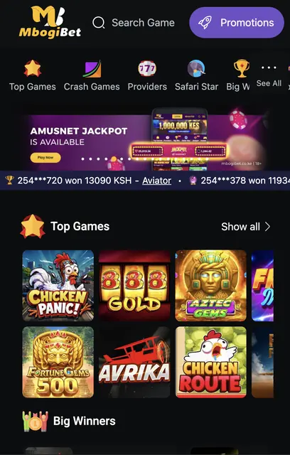 The MbogiBet mobile lobby with the Amusnet Jackpot banner and the Top Games shelf