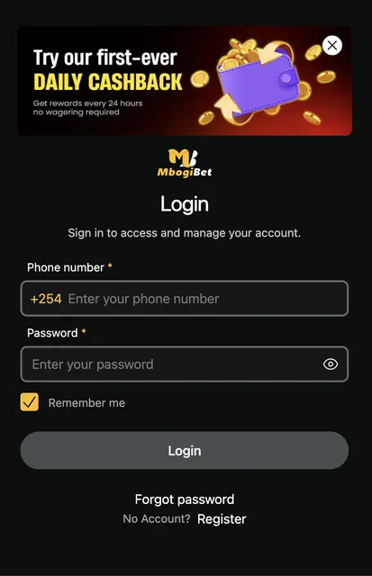 The MbogiBet login screen: phone number with +254 prefix, password, Remember me and Forgot password
