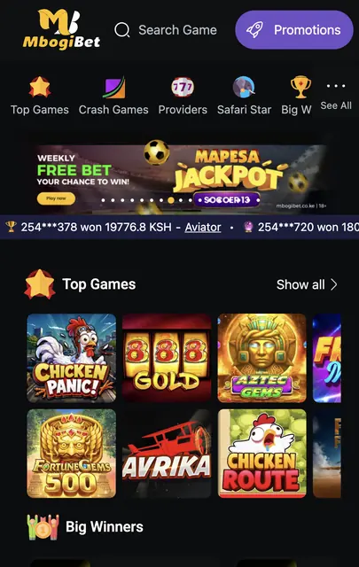 MbogiBet mobile lobby: search bar, category row, a Mapesa Jackpot banner and the Top Games grid