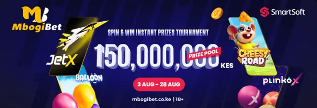 Spin & Win banner: 150,000,000 KES prize pool, 3-28 August